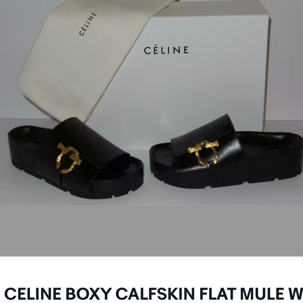 ISO Celine leather slides in black.